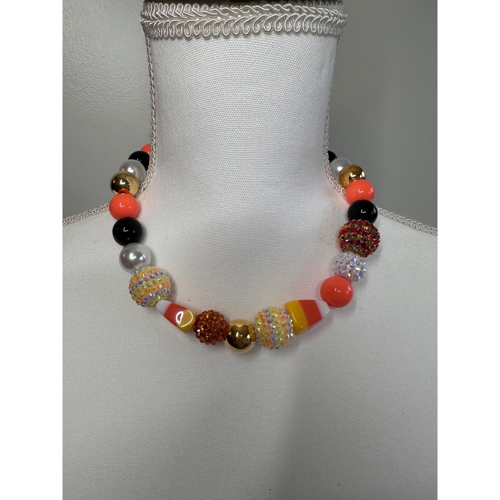 Halloween Candy Corn Chunky Bubblegum Bead Necklace Orange Black Gold Adjustable